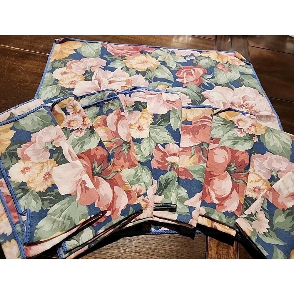 Vintage Cabbage Rose Cloth Napkin Lot Pink Blue Rolled Border Set of 10‎ Cotton
